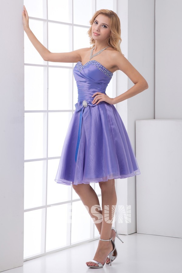 Sweetheart Strapless Beaded Bow Organza Knee Length Cocktail Dress
