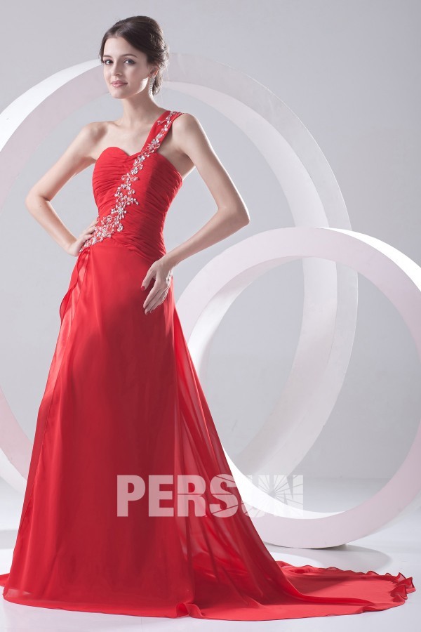 Flowing One Shoulder Ruched Appliques Chiffon Red Prom Dress