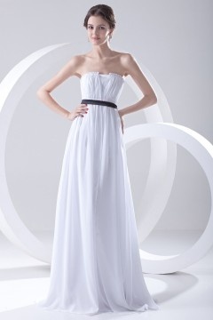 Plain Strapless Pleated Sash Empire White Chiffon Formal Bridesmaid Dress