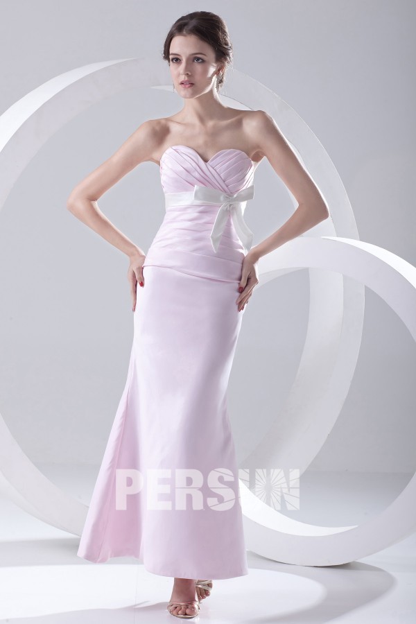 Strapless Bowtie Pink Mermaid Satin Ankle Length Formal Bridesmaid Dress