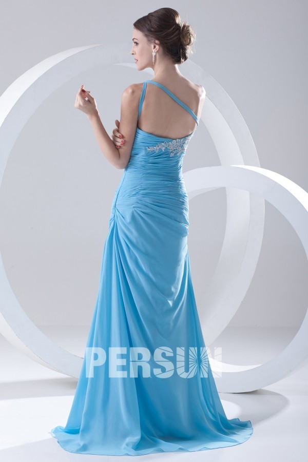 Gorgeous Blue Chiffon One Shoulder Fishtail Appliques Long Formal Bridesmaid Dress