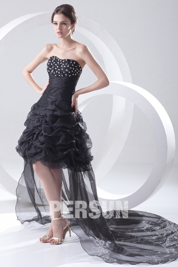 Chic Black High Low Strapless A Line Formal Bridesmaid Dress With Pick Up Skirt