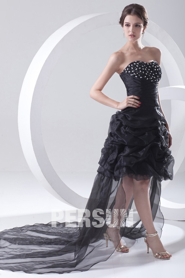 Chic Black High Low Strapless A Line Formal Bridesmaid Dress With Pick Up Skirt