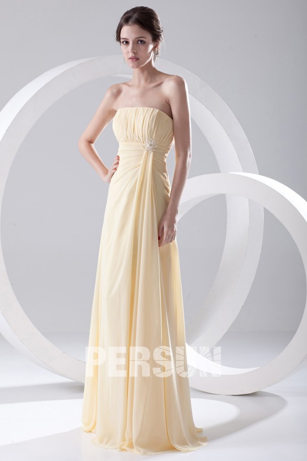 Elegant Beaded Strapless Yellow Chiffon Formal Bridesmaid Dress