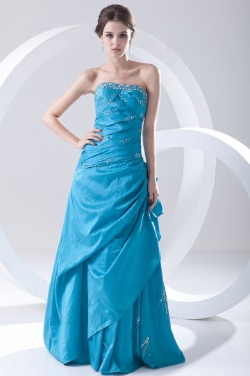 Andover Pretty Strapless Ruched Blue tone Taffeta Prom Gown Persun