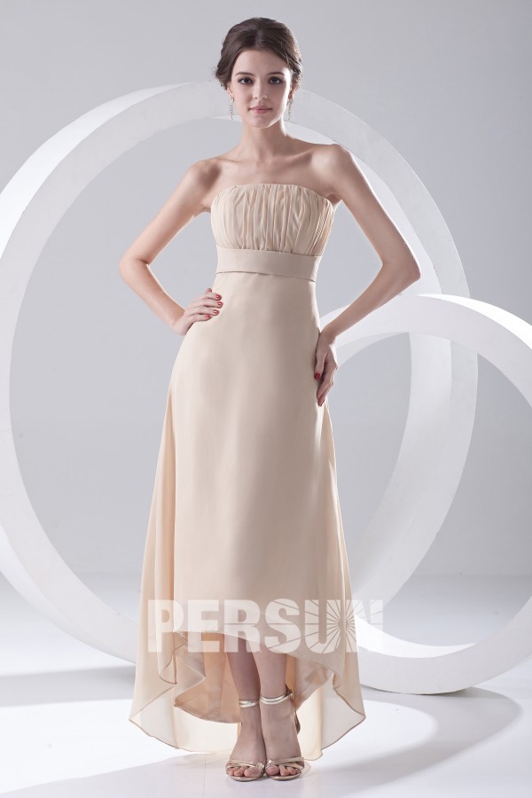 Ruched Strapless Asymmetrical Ankle Length Chiffon Formal Bridesmaid Dress