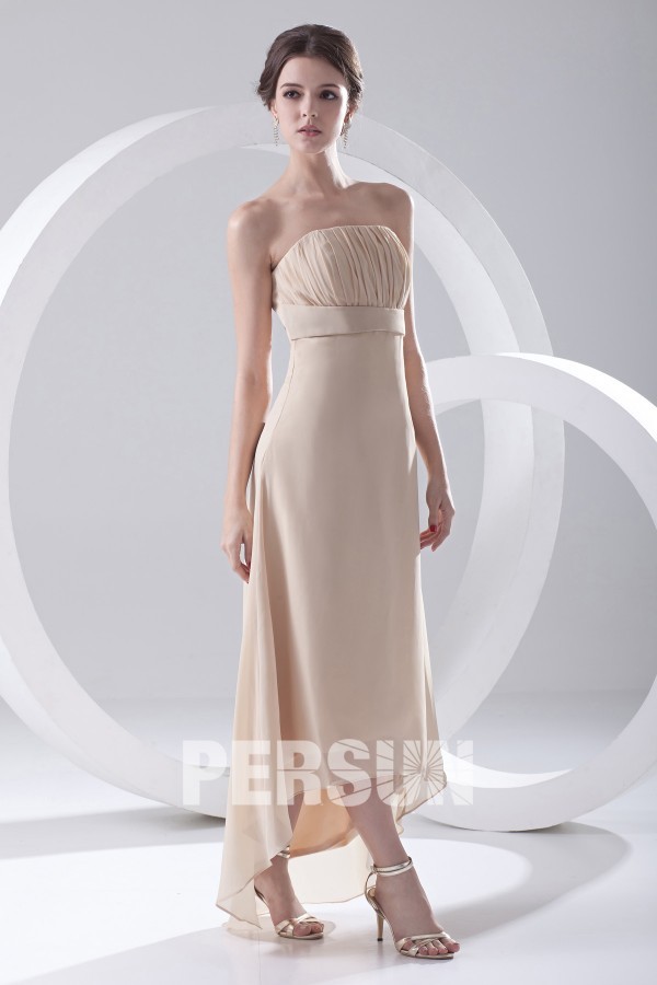 Ruched Strapless Asymmetrical Ankle Length Chiffon Formal Bridesmaid Dress