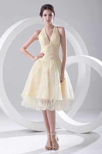 Dressesmall Halter Ruched Knee Length Organza Cocktail Dress