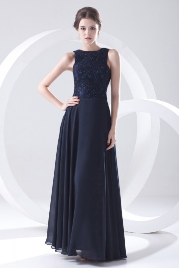 Boat Neck Appliques Beaded Lace Chiffon Blue Evening Dress Dressesmall