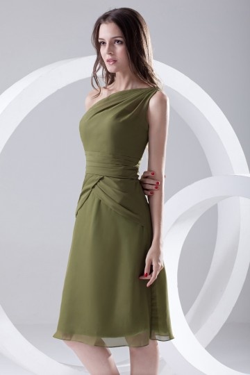 Simple Dark Green One Shoulder Short Ruched Chiffon Bridesmaid Dress