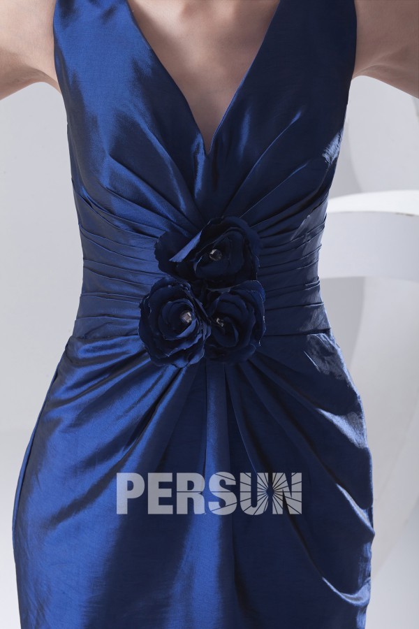 V neck Ruched Beaded Flower Taffeta Knee Length Blue Formal Dress