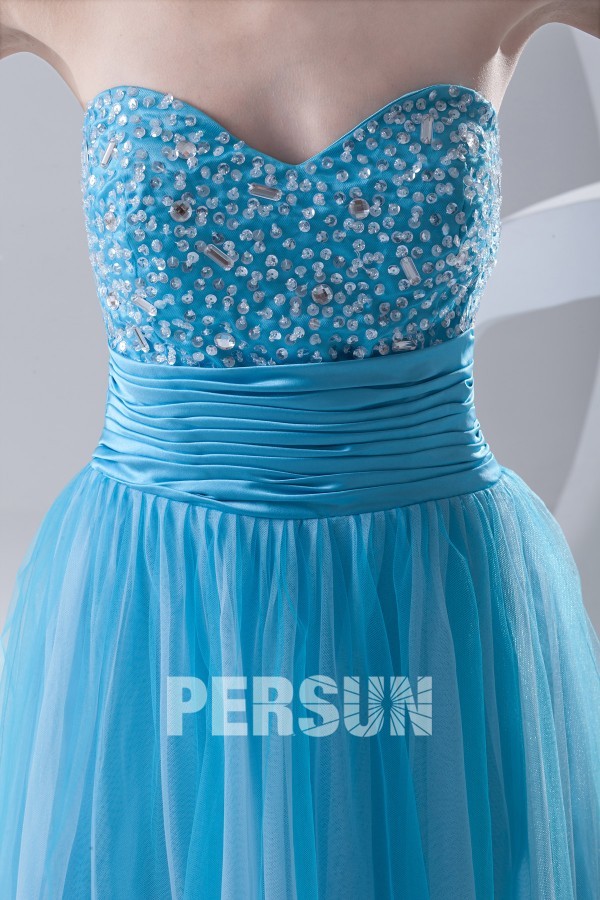 Beaded Strapless Lace Up Empire Tulle Blue School Formal Dress