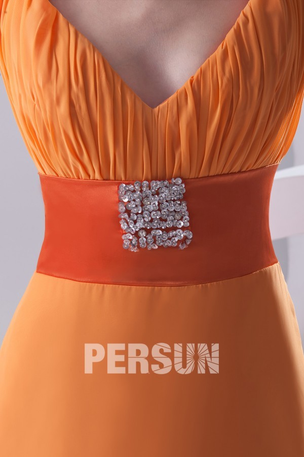 V neck Beaded Empire Long Sleeves Orange Chiffon Formal Bridesmaid Dress