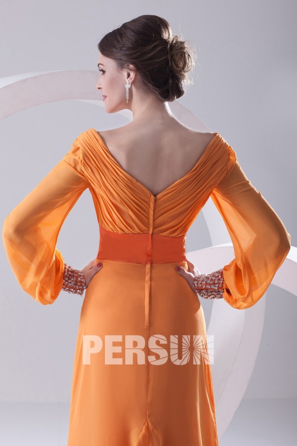 V neck Beaded Empire Long Sleeves Orange Chiffon Formal Bridesmaid Dress