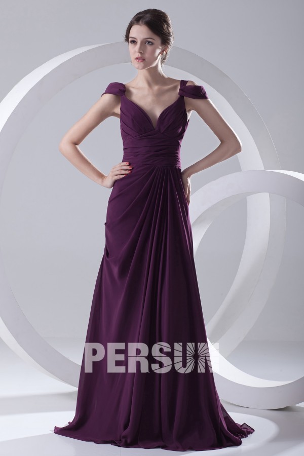 Sexy Backless Ruched V neck Chiffon Purple Long Evening Dress