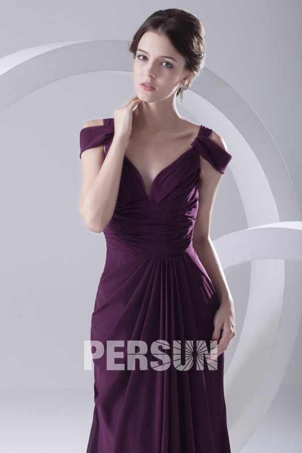 Sexy Backless Ruched V neck Chiffon Purple Long Evening Dress