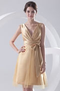Elegant Knielang A-Linie V-Ausschnitt Gold Abendkleid