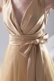 Bowknot Ruched V neck Satin Knee Length Formal Bridesmaid Dress