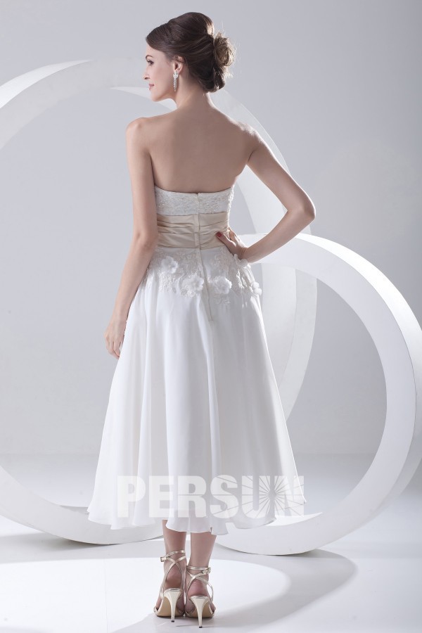 Strapless Appliques Beading Tea Length Chiffon Formal Gown