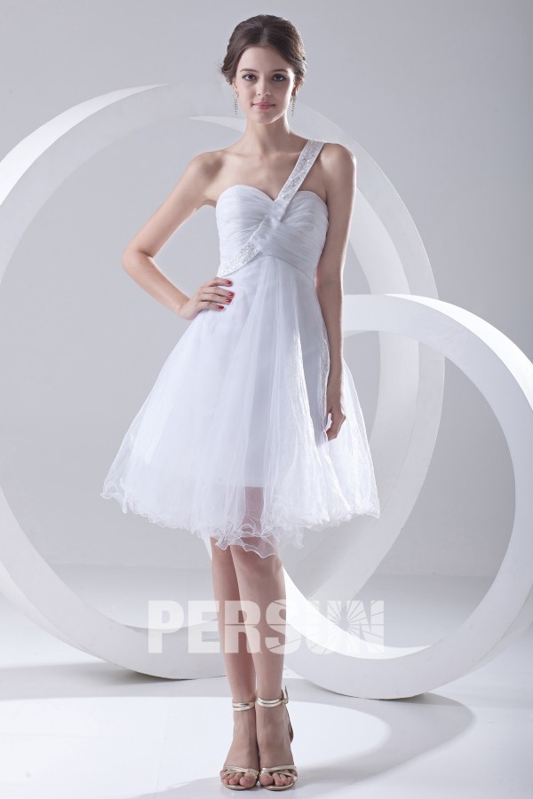 One Shoulder Beading Ruched Tulle Empire White Formal Dress