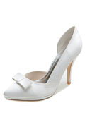 Chic Satin White 10cm High Heels With Bow For Brides