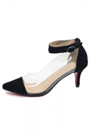 Black Sheepskin Ankle Strap Transparent Shoes