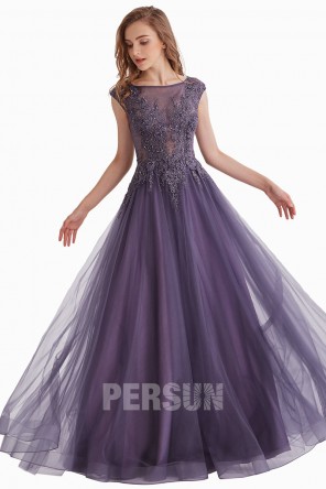 Robe de bal violette romantique haut appliqué de guipure et strass