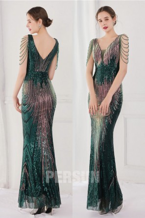 Robe de bal sequin bordeaux coupe sirène col V à franges scintillante