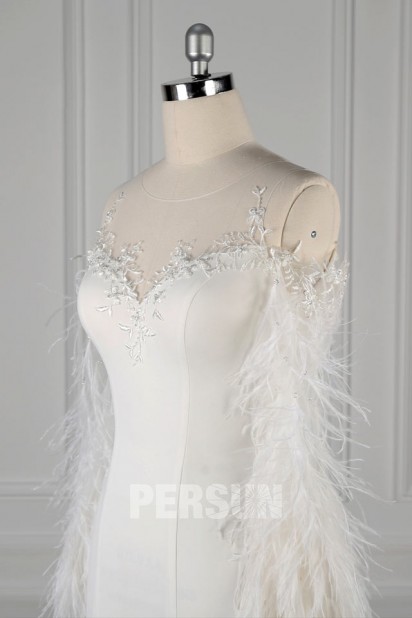 Célia : Robe de mariée bohème chic manche longue en plume
