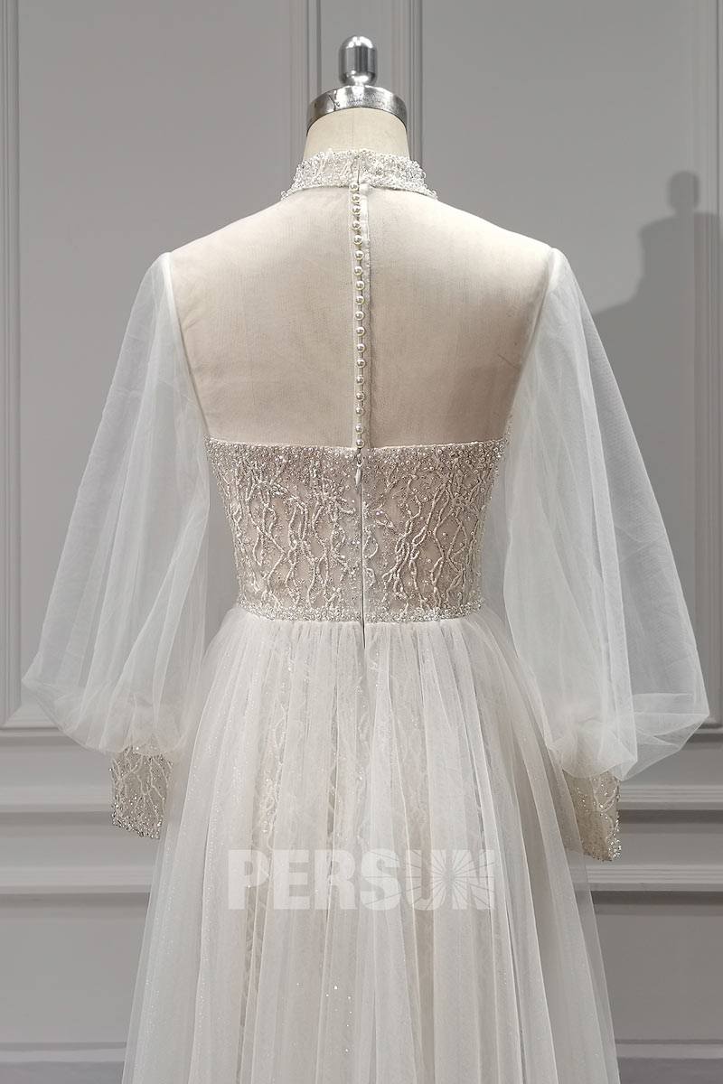 robe de mariée dos boutons en perles avec manches longues