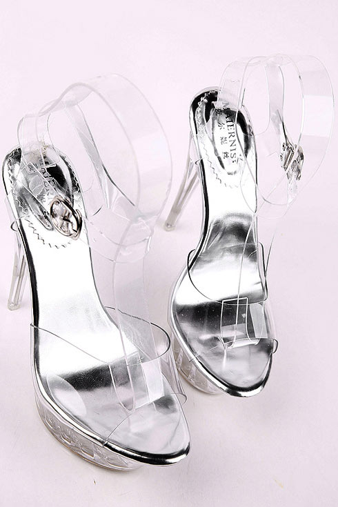 Sandale femme argentée effet transparent à plateforme et talon aiguille