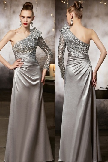 Gorgeous Gray One Shoulder Flowers Evening Dress With Sleeves DZC30835 ...