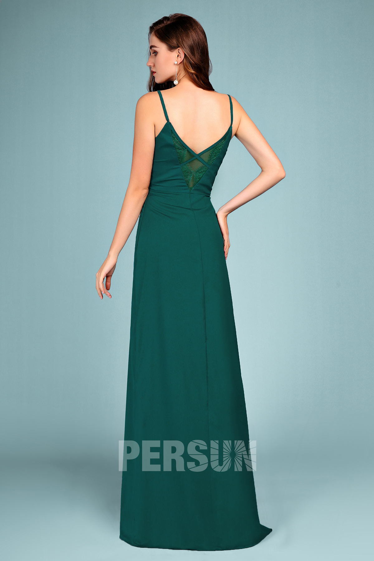 Élégante robe de soirée verte pour mariage col en V avec dentelle