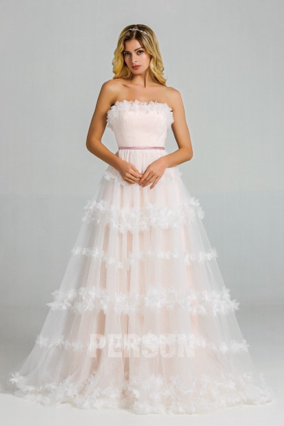 Clarisse : Romantique robe de mariée florale doublure rose poudré bustier droit