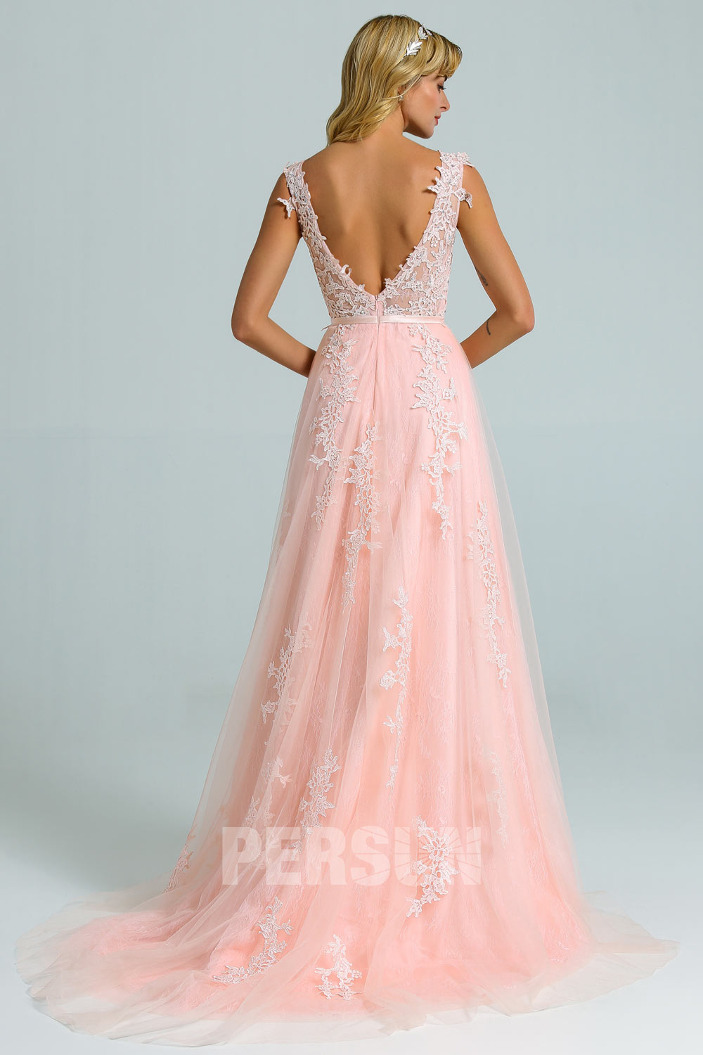 Elégant robe de soirée rose perle haut en dentelle guipure à dos ouvert