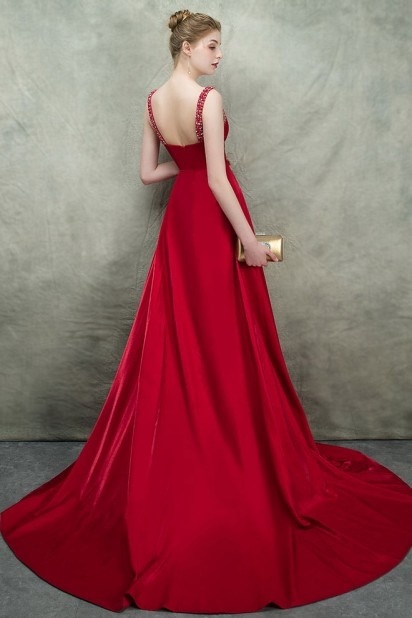 Robe de soirée longue de luxe rouge avec traîne amovible