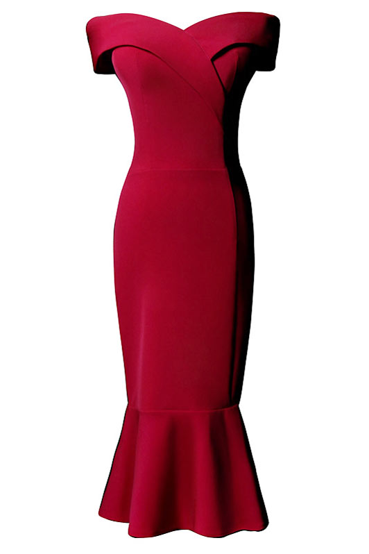 robe de soirée midi rouge épaule dénudée jupe froufrou