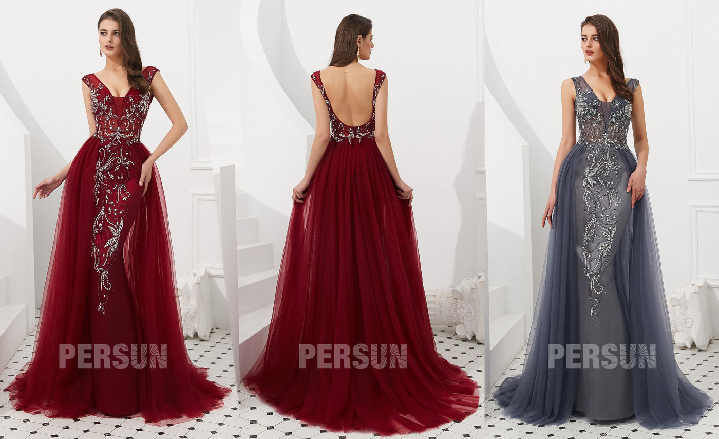 sexy robe de soirée 2020 sirène col v taille transparente dos ouvert ornée de strass