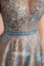 Magnifique robe de cérémonie dentelle bleu argenté taille transparent appliqué
