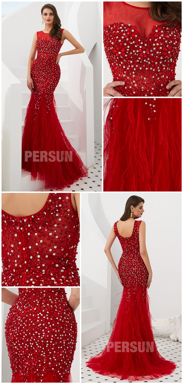 robe de soirée sirène rouge col illusion embelli de bijoux et jupe agrémentée de plume