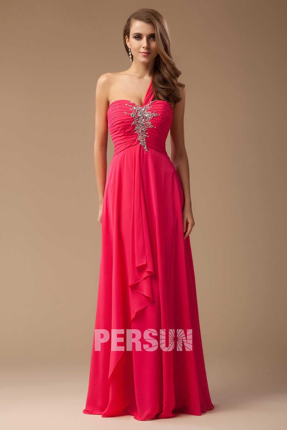 robe de soirée longue asymétriques mousseline rose fuchsia 