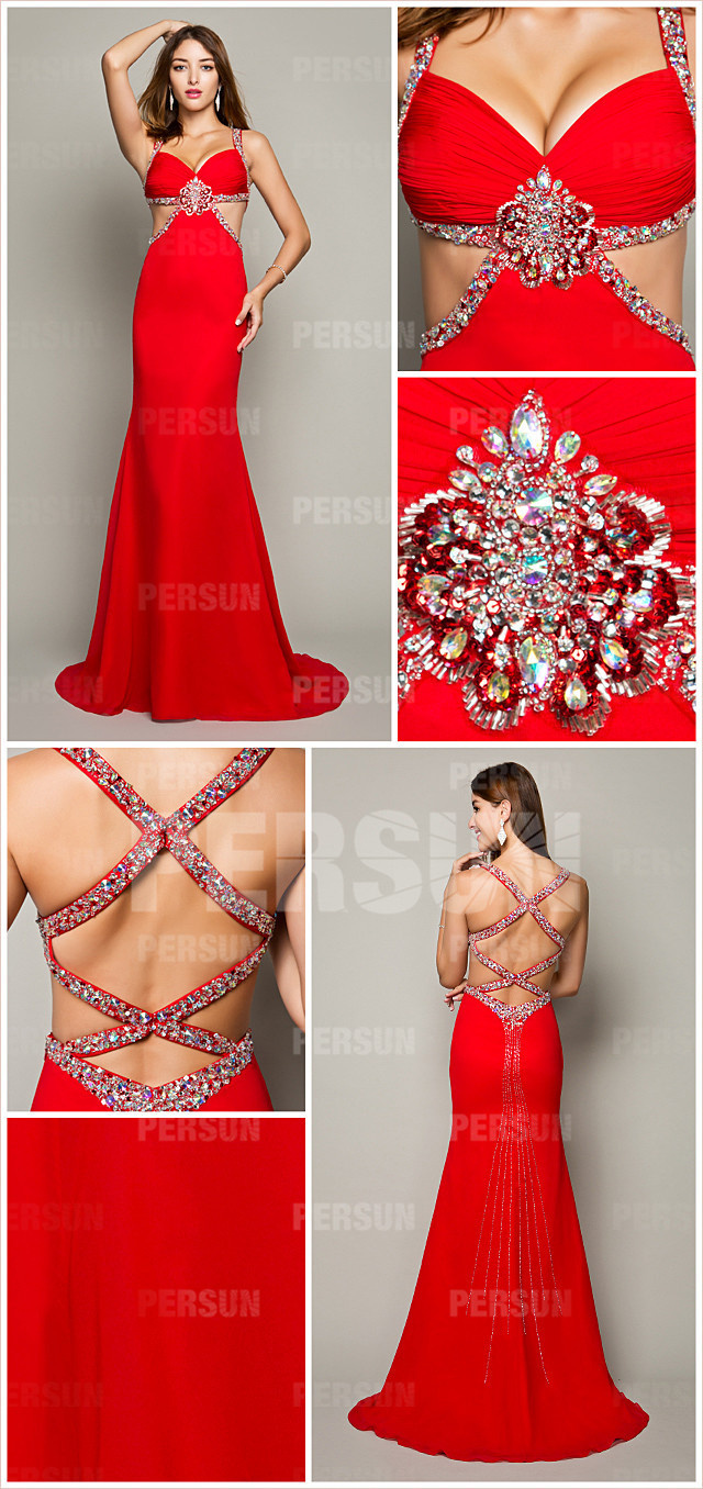 Elégante robe rouge de gala sexy dos nu ornée de bijoux