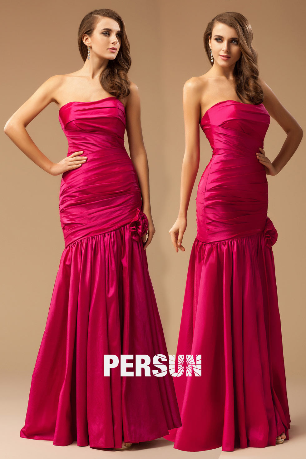 robe bustier longue habillé taffetas rose fuchsia avec fleur