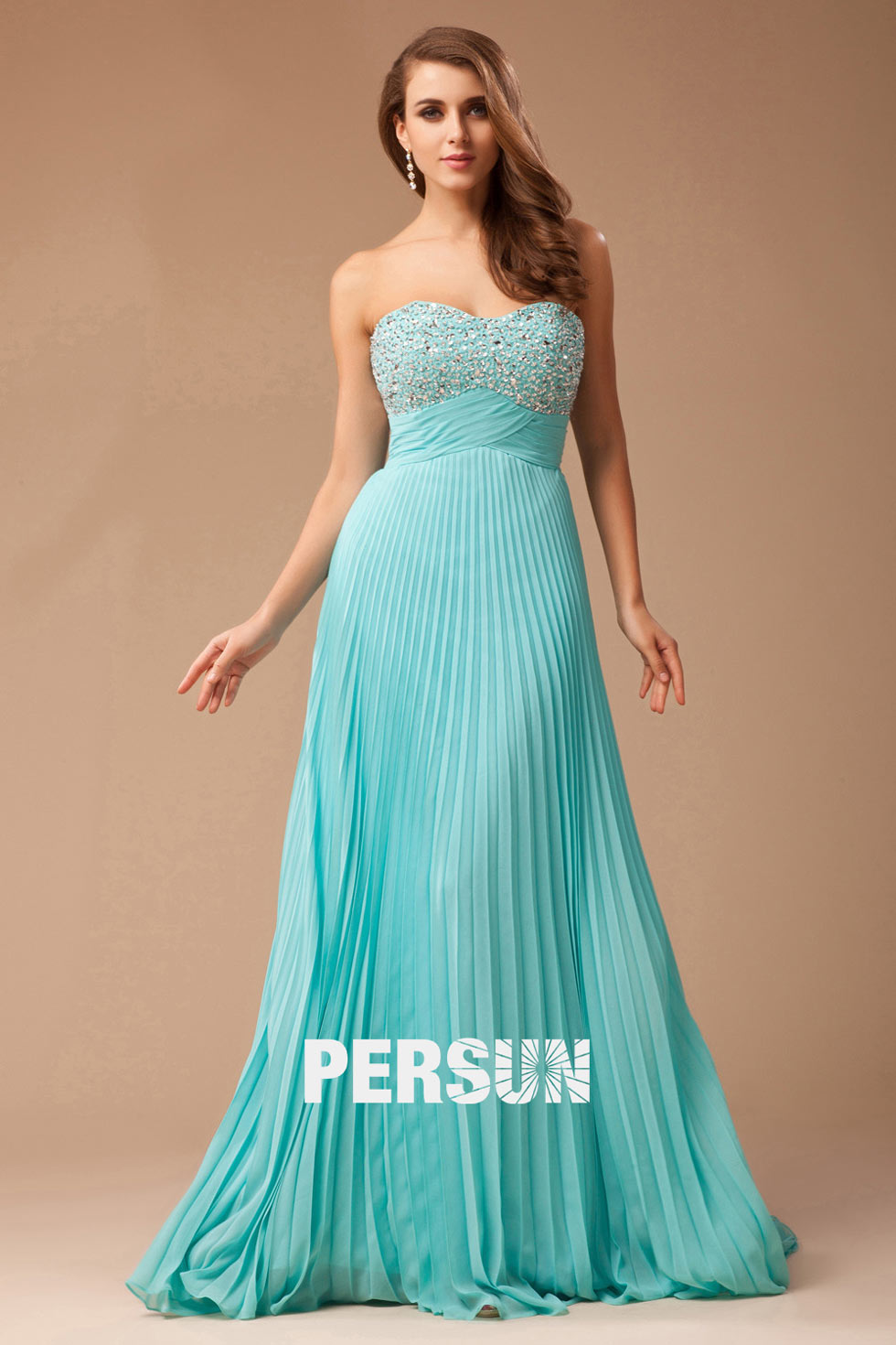 robe longue plissée cocktail turquoise bustier paillettes