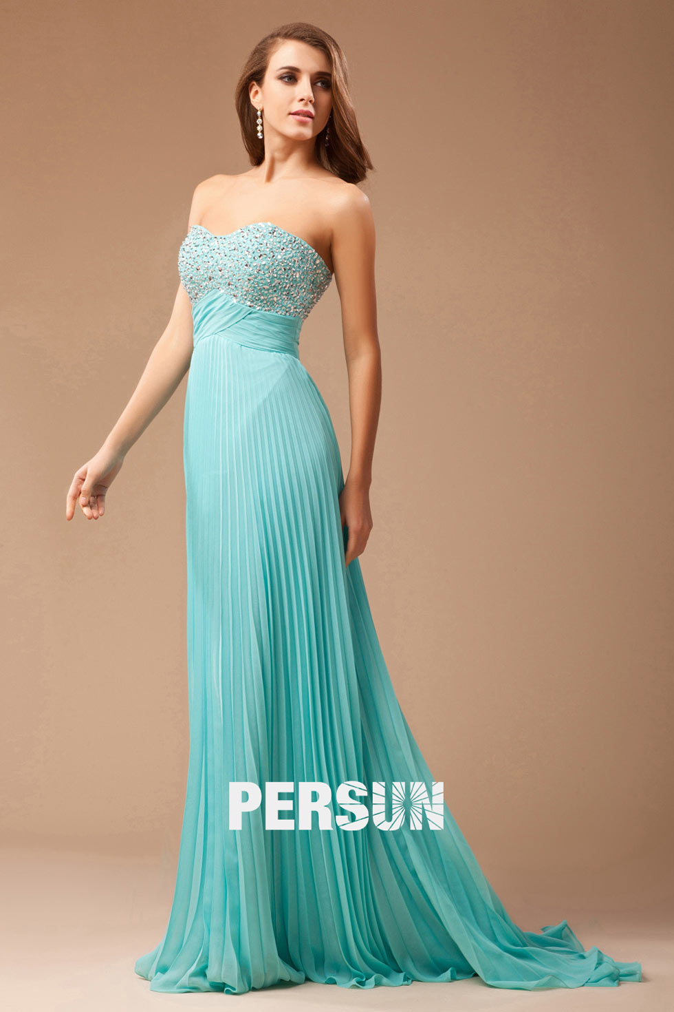 robe de soirée longue turquoise bustier embelli de strass jupe plissé