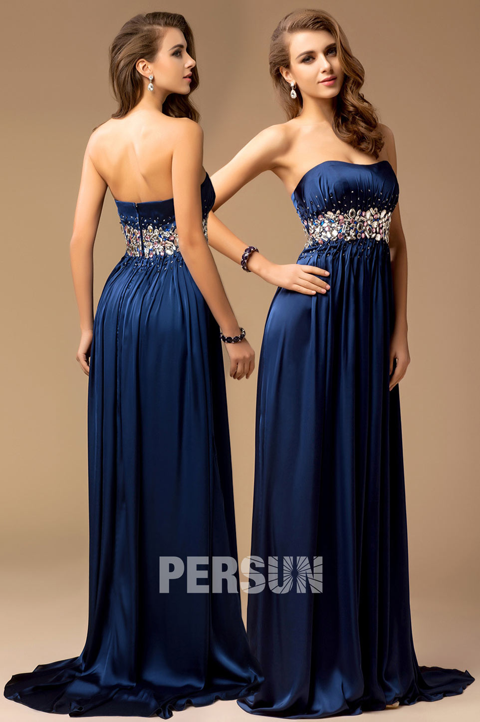 robe empire bleu longue bustier taille ornée de strass