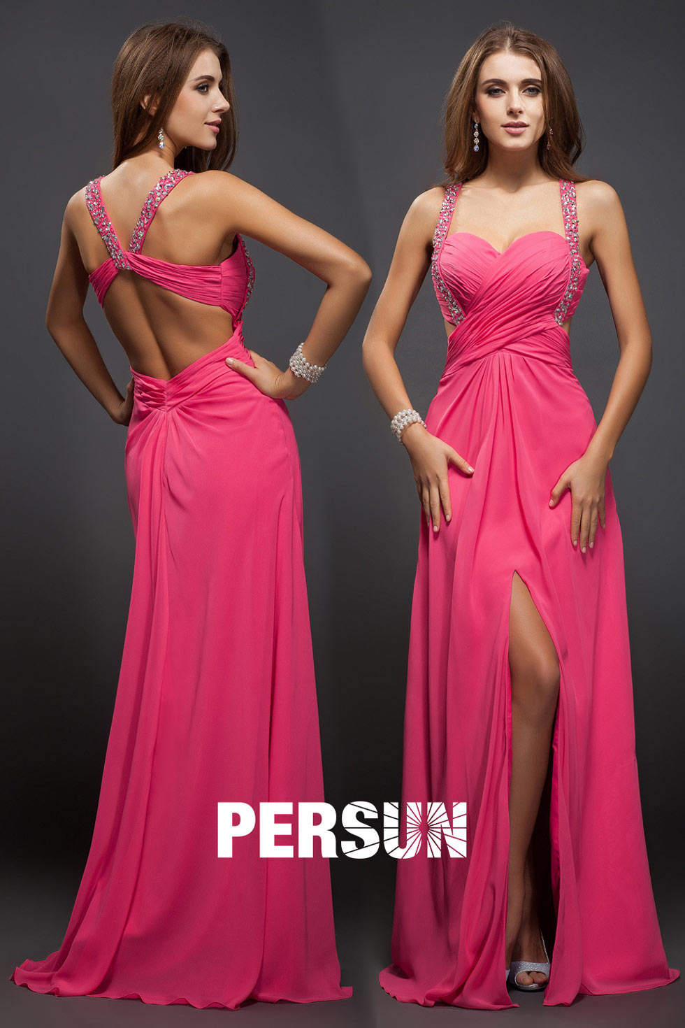 robe concours de beauté fendue en couleur fuchsia