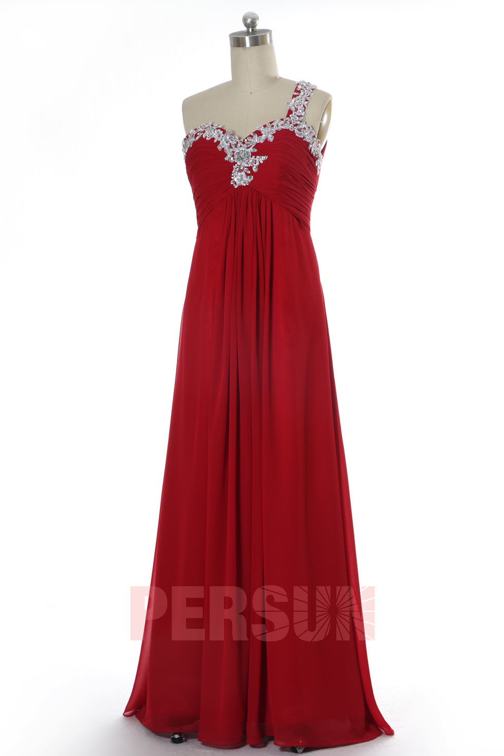 robe de soirée longue rouge asymétrique empire bustier appliquée florale et strass