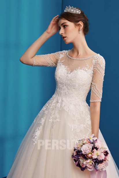 robe de mariée princesse avec manche appliqué de dentelle 2019