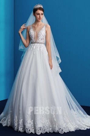 Romantique robe de mariée 2019 col V appliqué de dentelle guipure